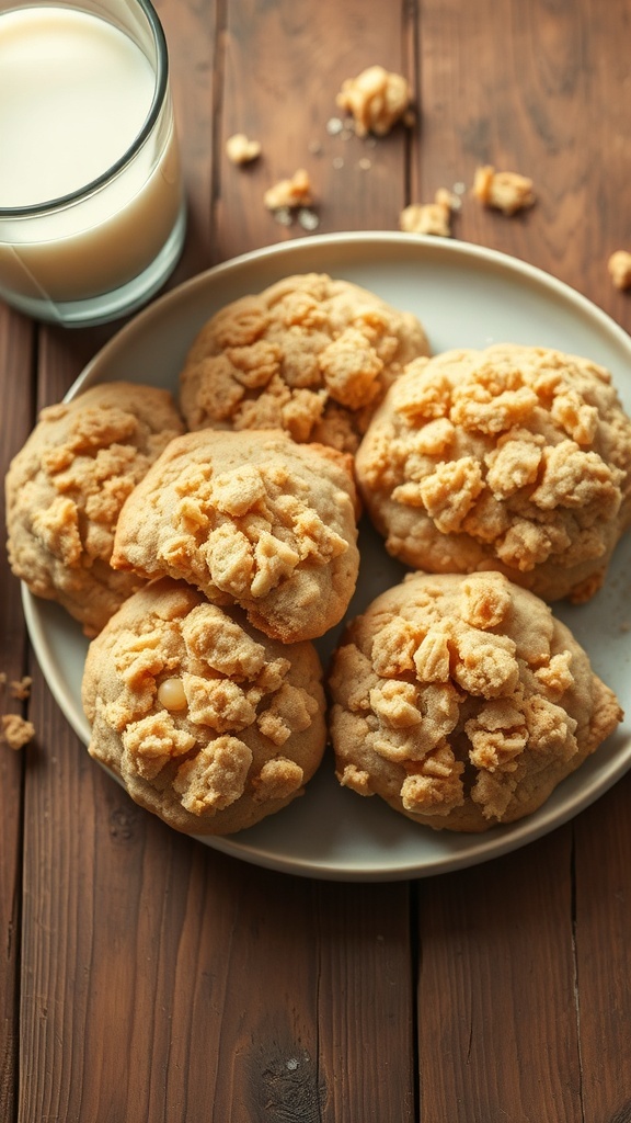 A plate of golden crumble cookies with a glass of milk on a wooden table.